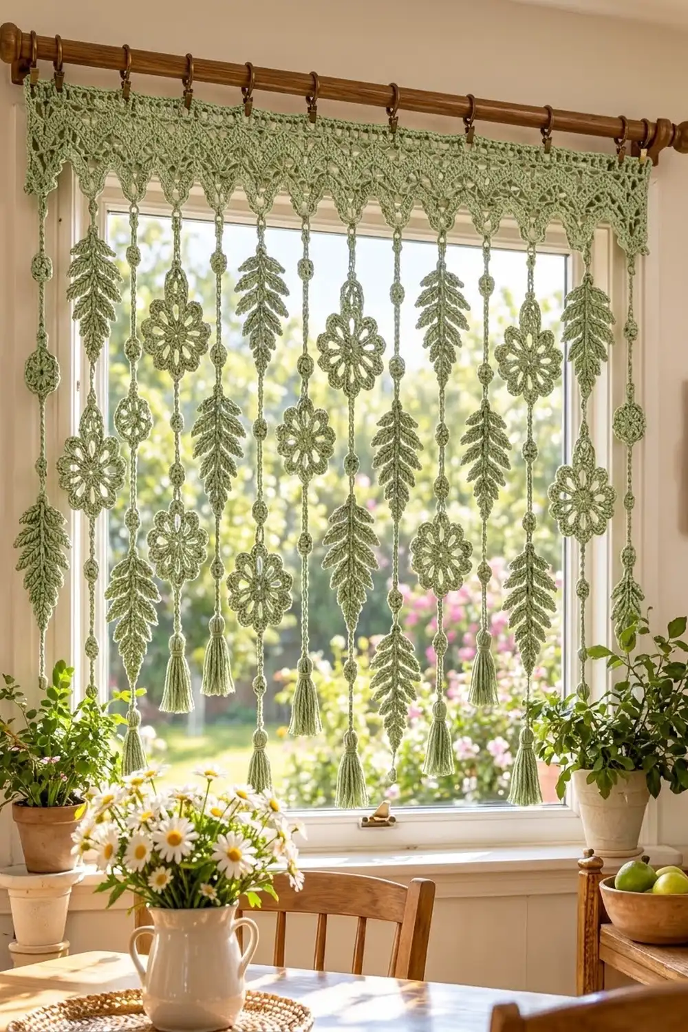 A sage green crocheted lace curtain with leaf and flower motifs hangs in a sunny kitchen window above potted flowers.