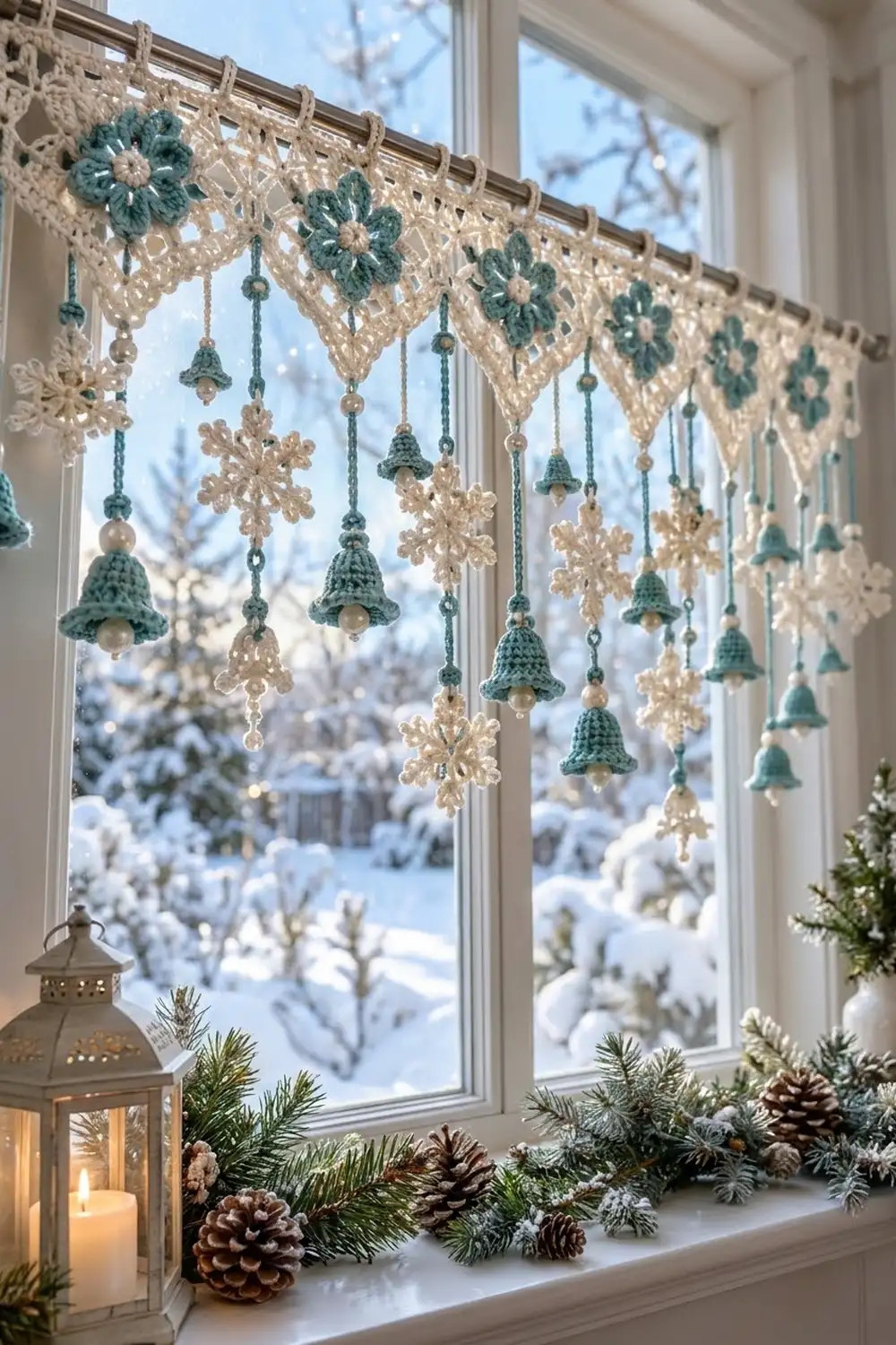 A crocheted window valance with cream and teal flowers and bells hangs above a snowy winter landscape view.