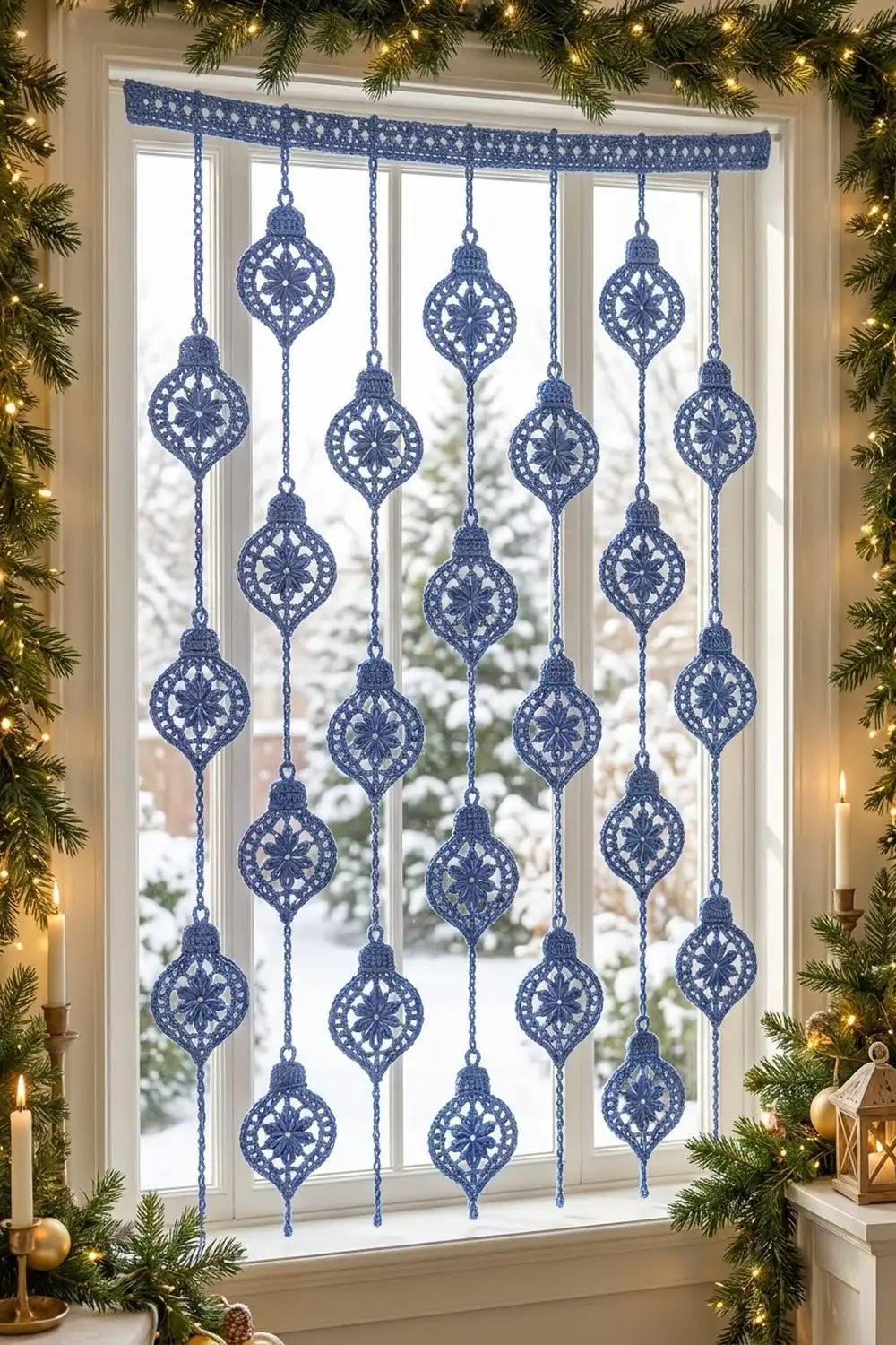 Blue lace ornament window panel hanging in front of a snowy window, decorated with evergreen garland and lights.