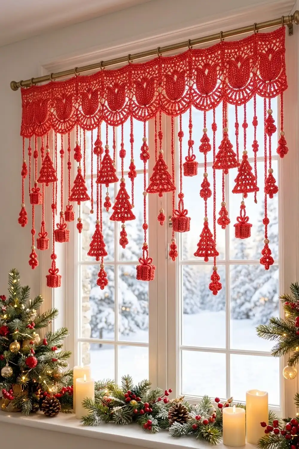 A red crocheted lace valance with hanging Christmas ornaments and trees decorates a snowy window with holiday garland below.