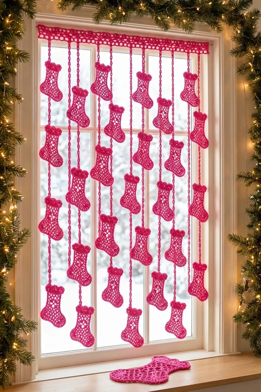Bright pink crocheted stockings hang from chains in a window, flanked by lit greenery garland.