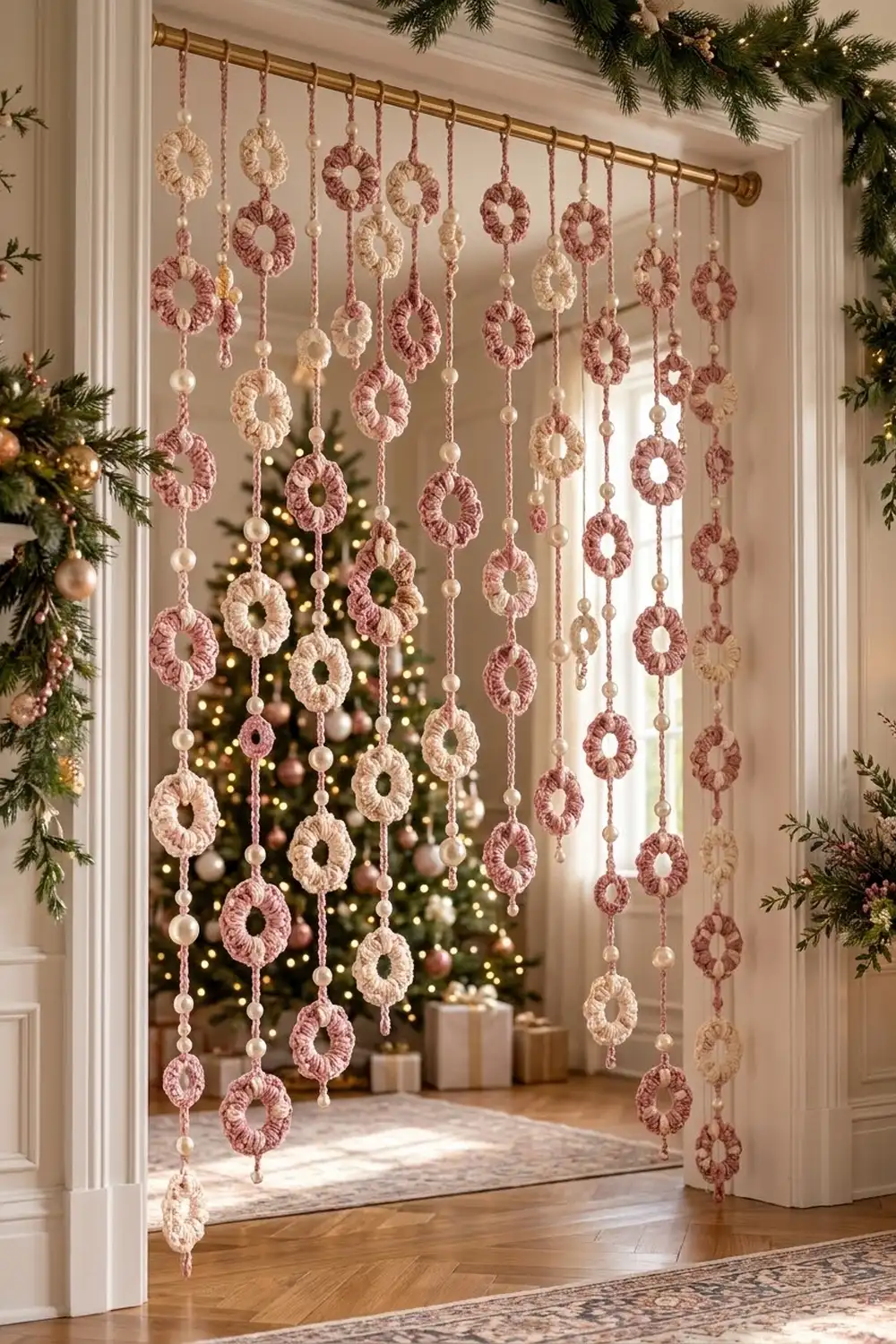 Crocheted pink and cream circular ornaments hang from a brass rod as a doorway curtain with holiday decorations visible behind.
