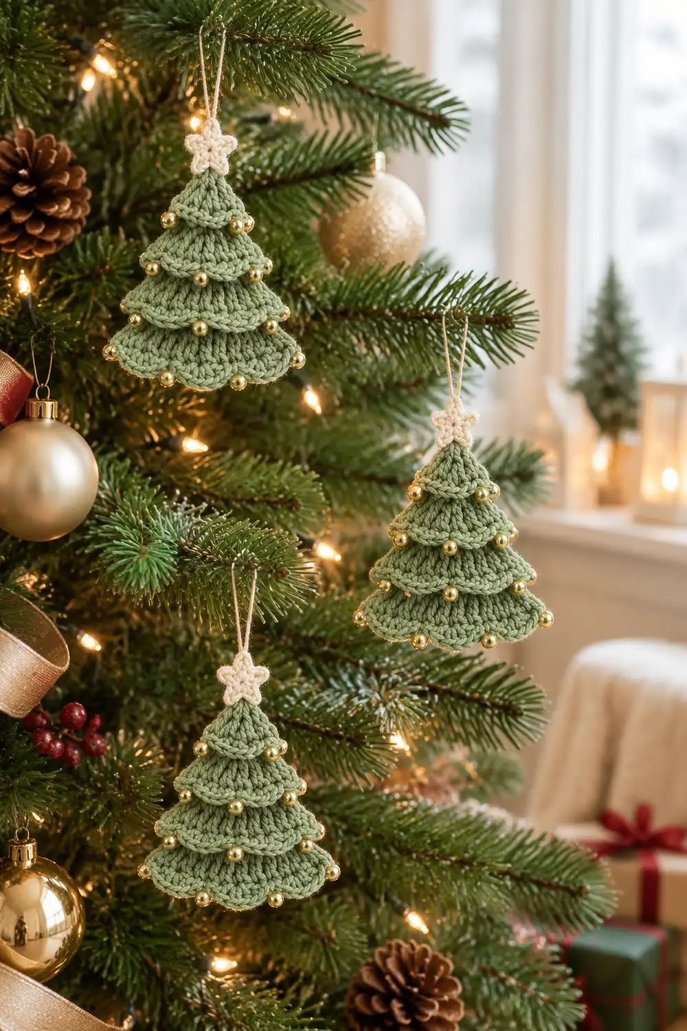 Three crocheted sage green Christmas tree ornaments with gold beads hang from a decorated evergreen tree with warm lights.