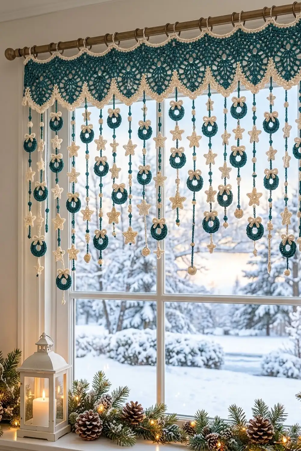 Teal and gold crocheted window scarf with hanging ornaments and beads frames a snowy winter landscape view.