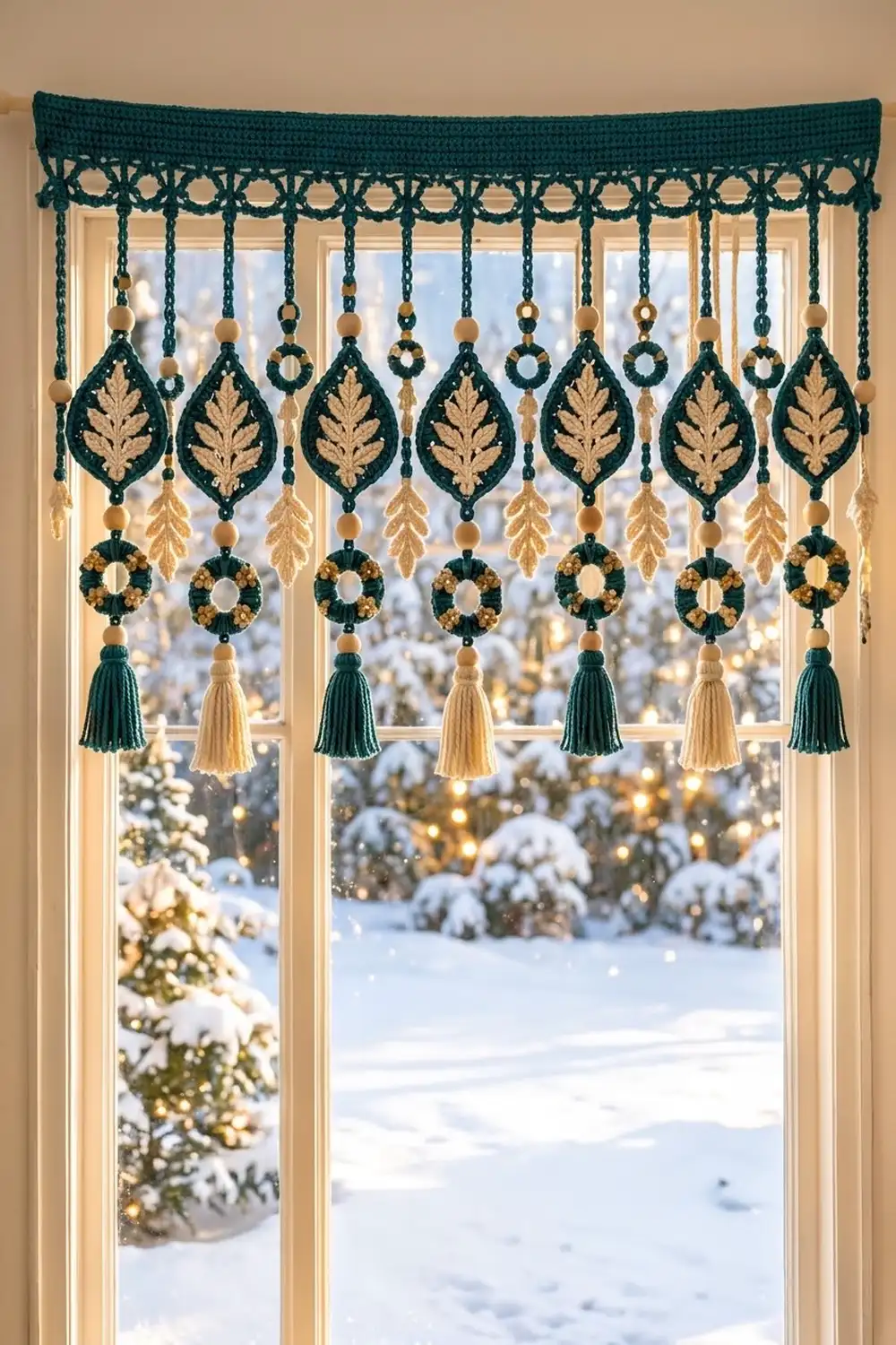 Teal and gold macramé window valance with leaf and tassel ornaments hung on a snowy winter window.