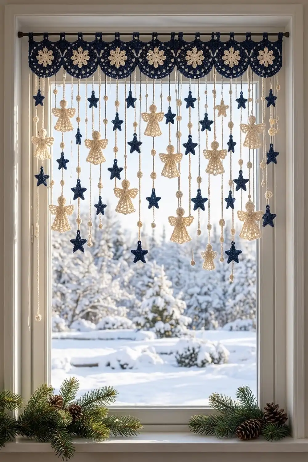 A navy and gold crocheted window hanging with stars and angels displayed on a snowy winter window.