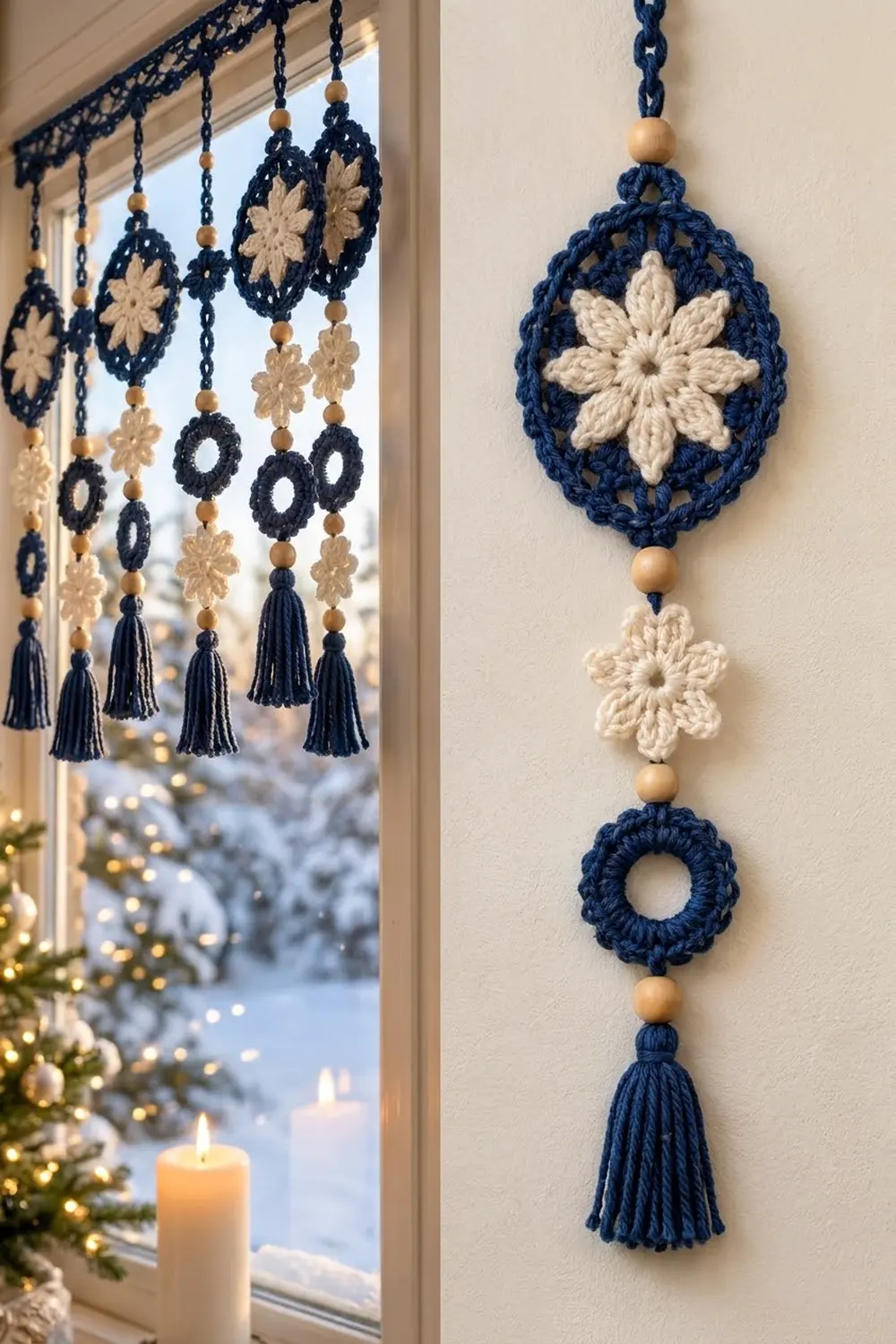 Crocheted navy and cream ornaments with wooden beads and tassels hang in a snowy winter window display.