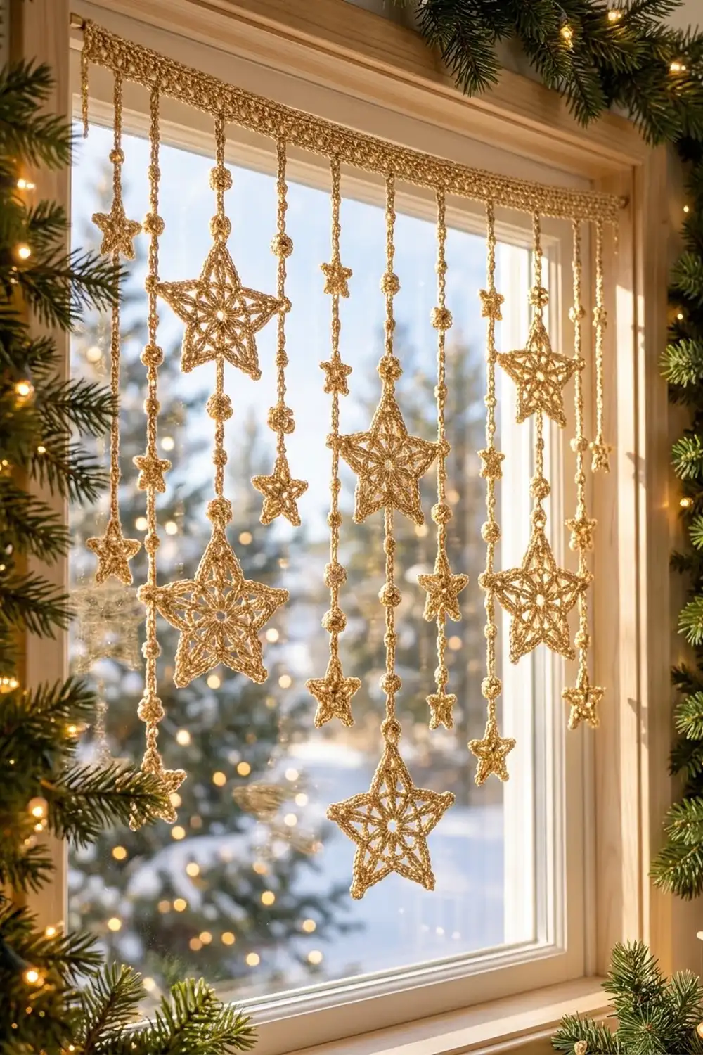 Golden crocheted star garland hanging in a window with evergreen garland and lights.
