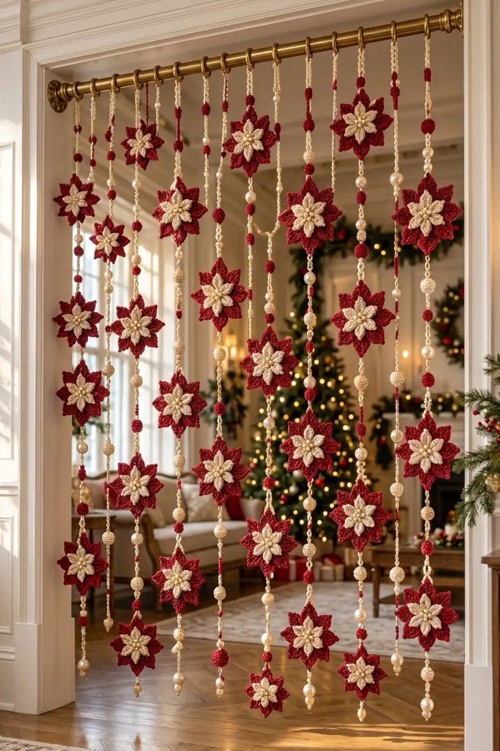 A decorative beaded curtain with red and cream crocheted snowflakes hangs in a doorway above holiday decorations.