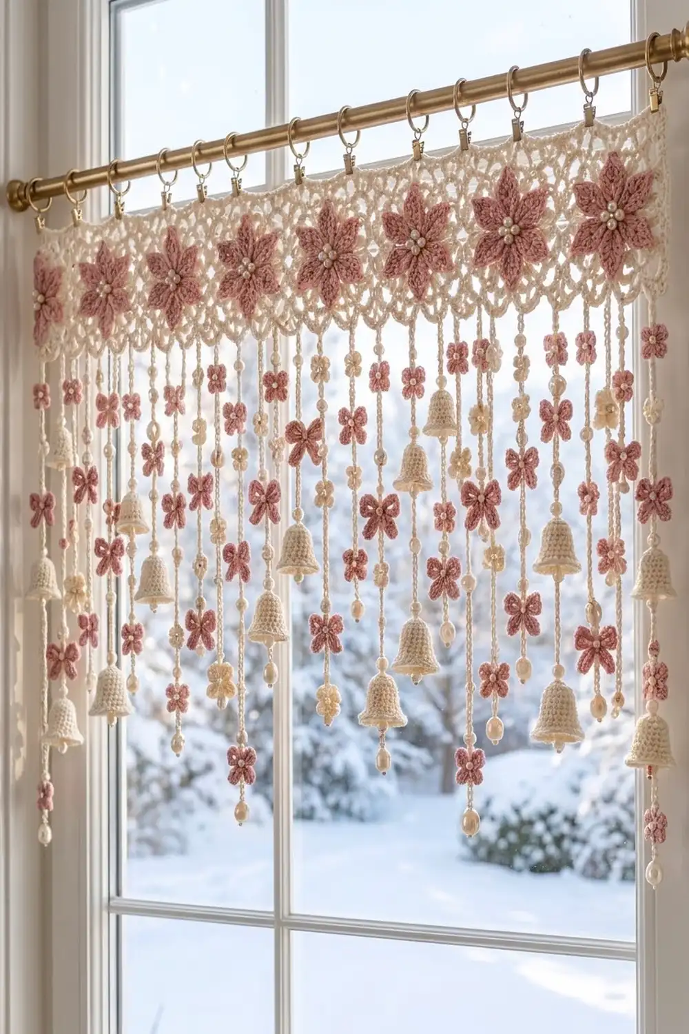 A beaded window valance with cream and mauve crocheted bows and bells hangs from a brass rod above a snowy winter window.