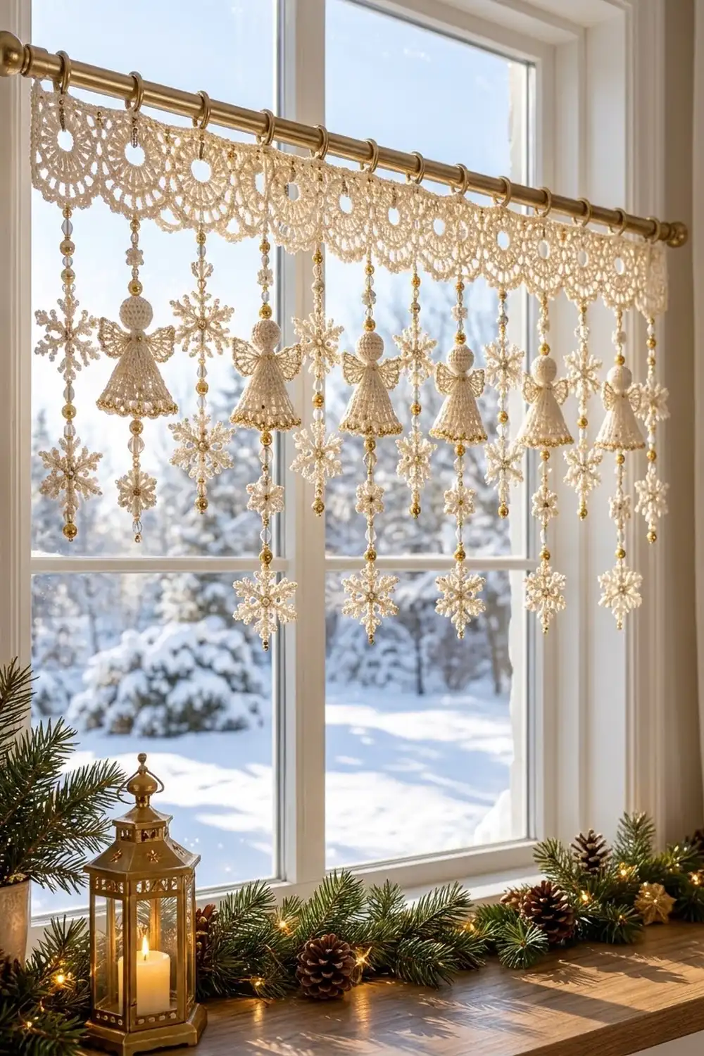 Golden lace window curtain with hanging angels and snowflakes displayed above snowy winter landscape.