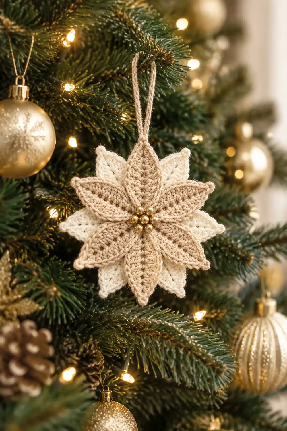 Cream crocheted poinsettia ornament with gold beads hanging on a Christmas tree with warm lights and gold baubles.