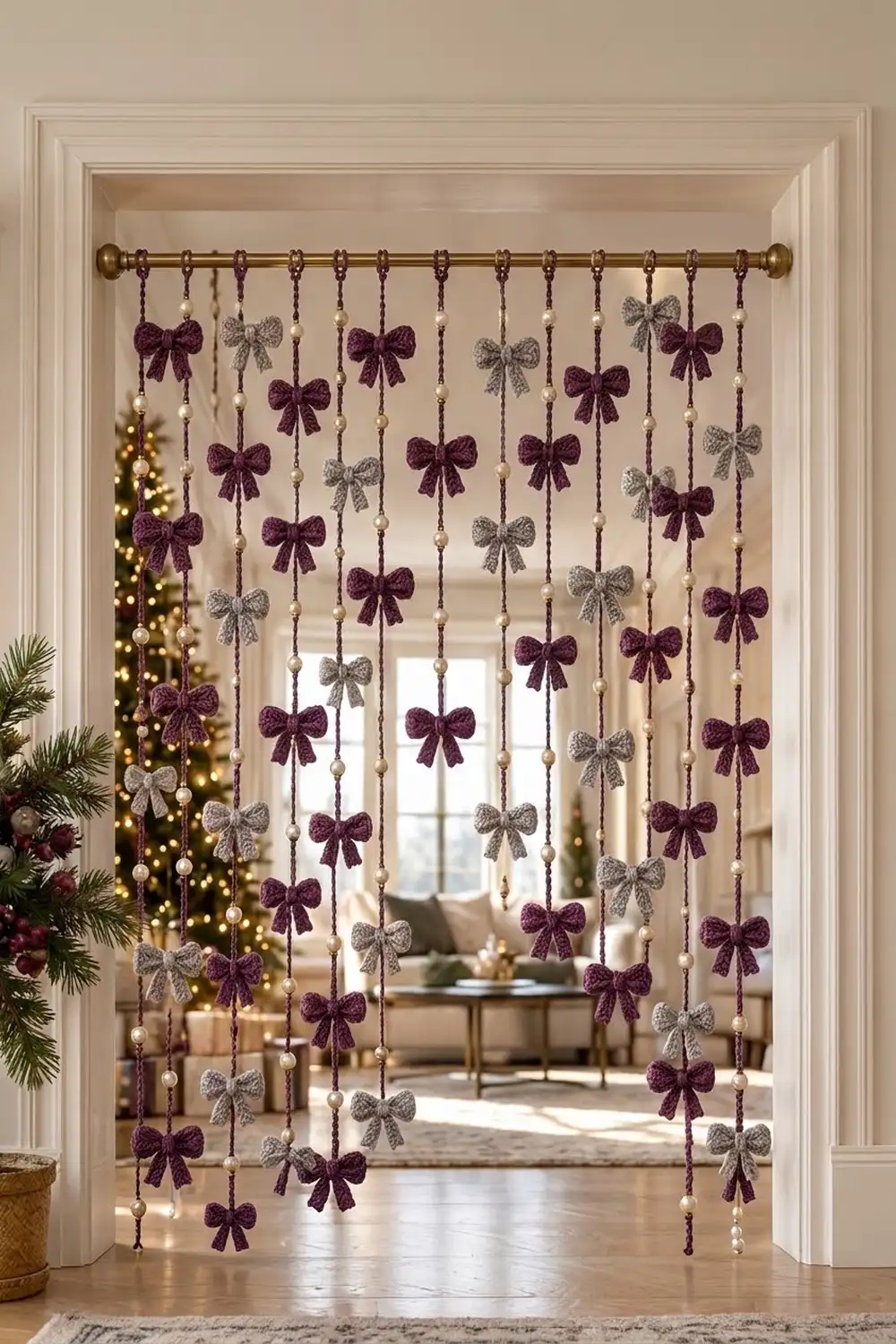 A burgundy and silver beaded bow curtain hangs in a doorway, decorated with pearl beads and coordinating garland.