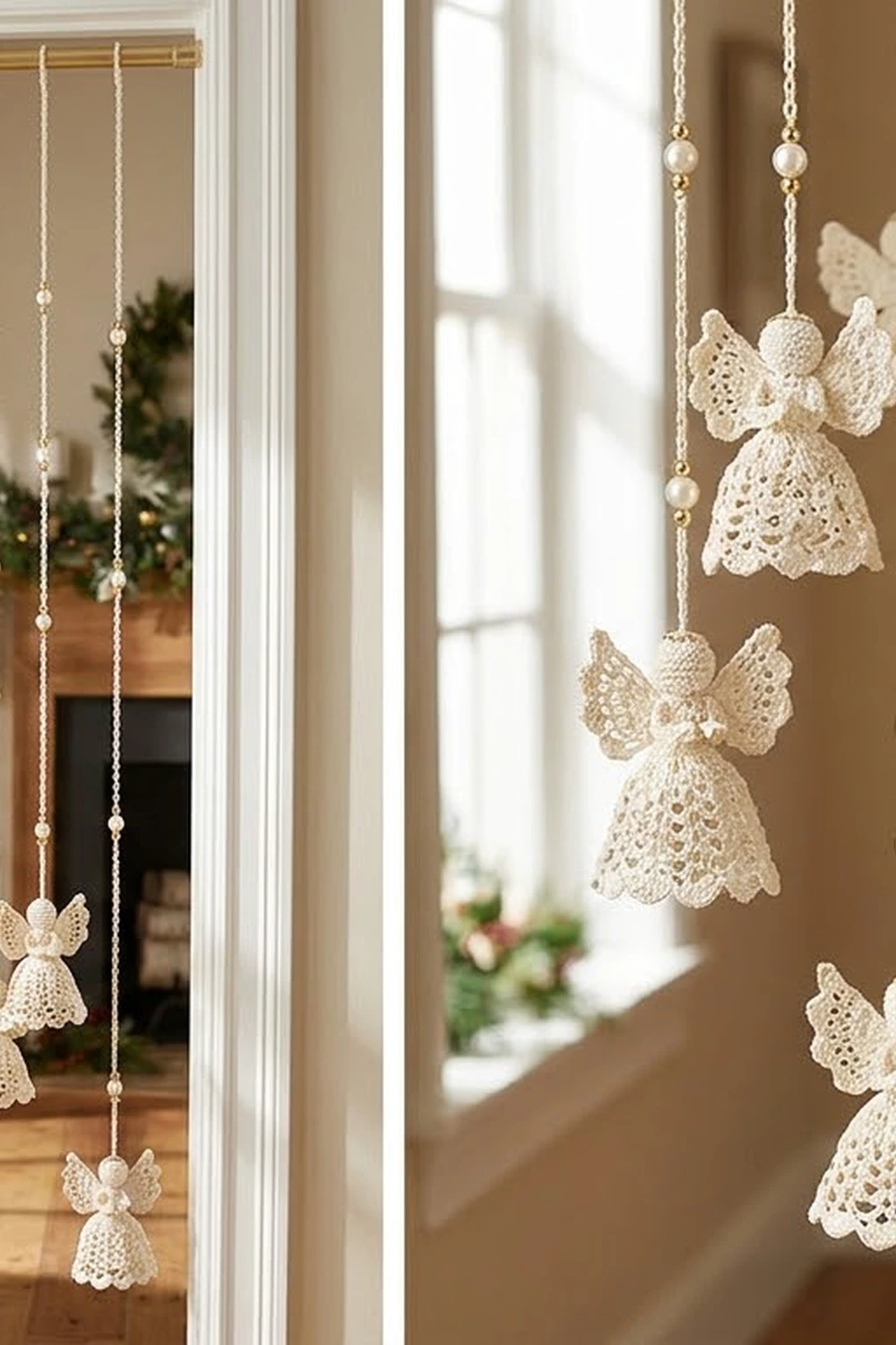 Delicate crocheted lace angels in cream and white hang from beaded strings in a sunlit window.
