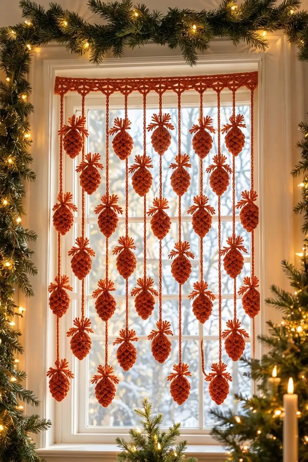 Red pinecone ornament curtain hanging in a window with lit garland and snowy background.