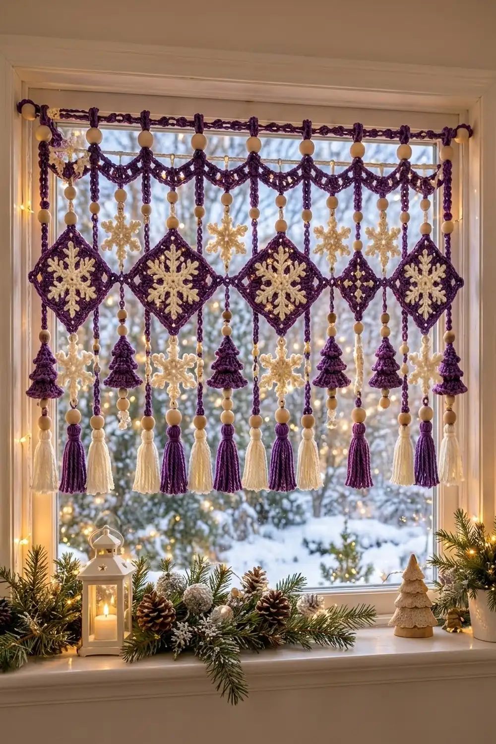 A purple and gold crocheted snowflake window curtain with tassels and beads displayed in a winter-decorated window.