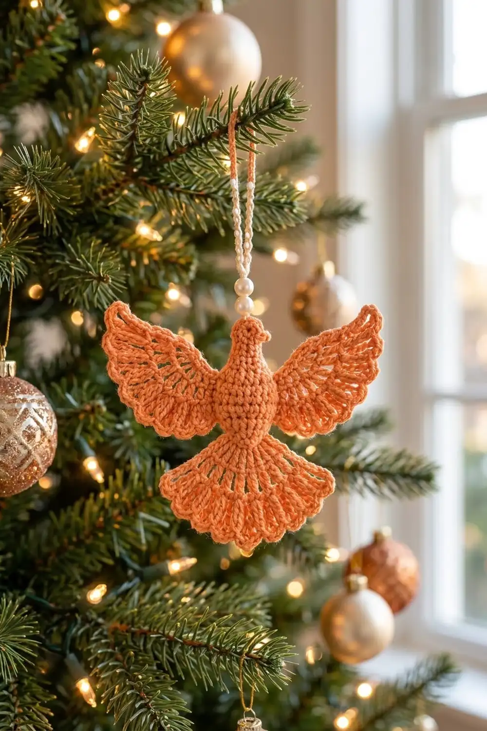 A crocheted orange angel ornament hangs on a Christmas tree decorated with warm lights and gold baubles.