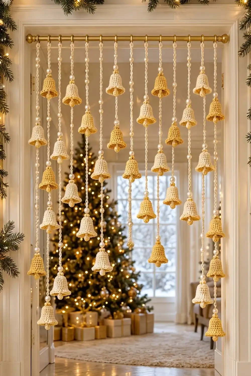 Crocheted bell garland with cream and gold bells hanging from a brass rod in a doorway before a Christmas tree.
