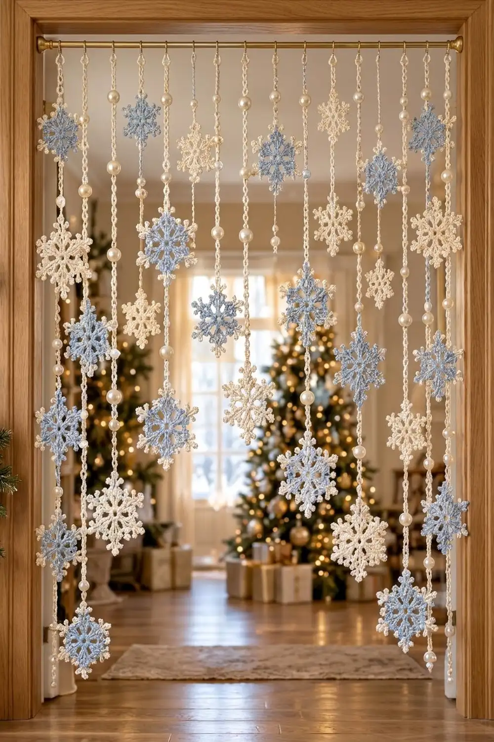 Hanging snowflake curtain with blue and cream snowflakes on beaded chains framing a doorway to a decorated room.