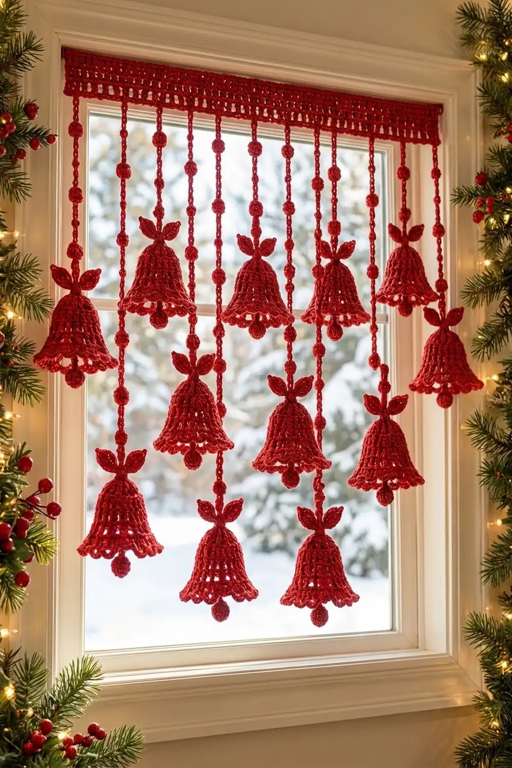 Red crocheted bell garland with bow details hanging in a window surrounded by evergreen garland and lights.