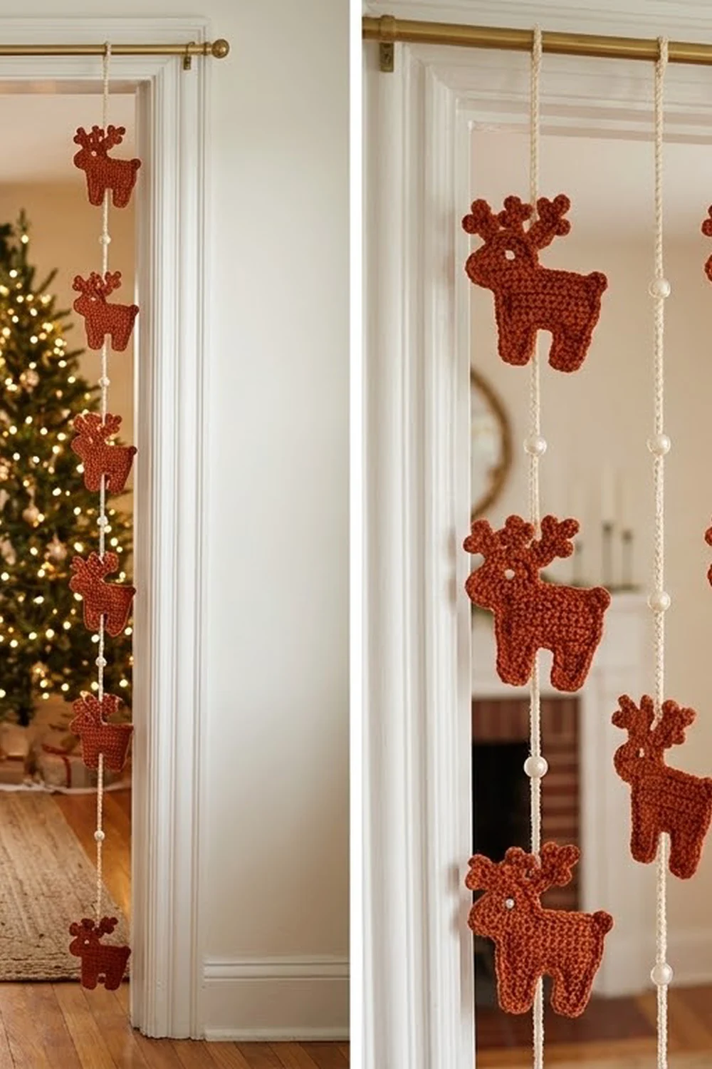 Crocheted red reindeer ornaments hang from cream strings on a doorway beside a lit Christmas tree.