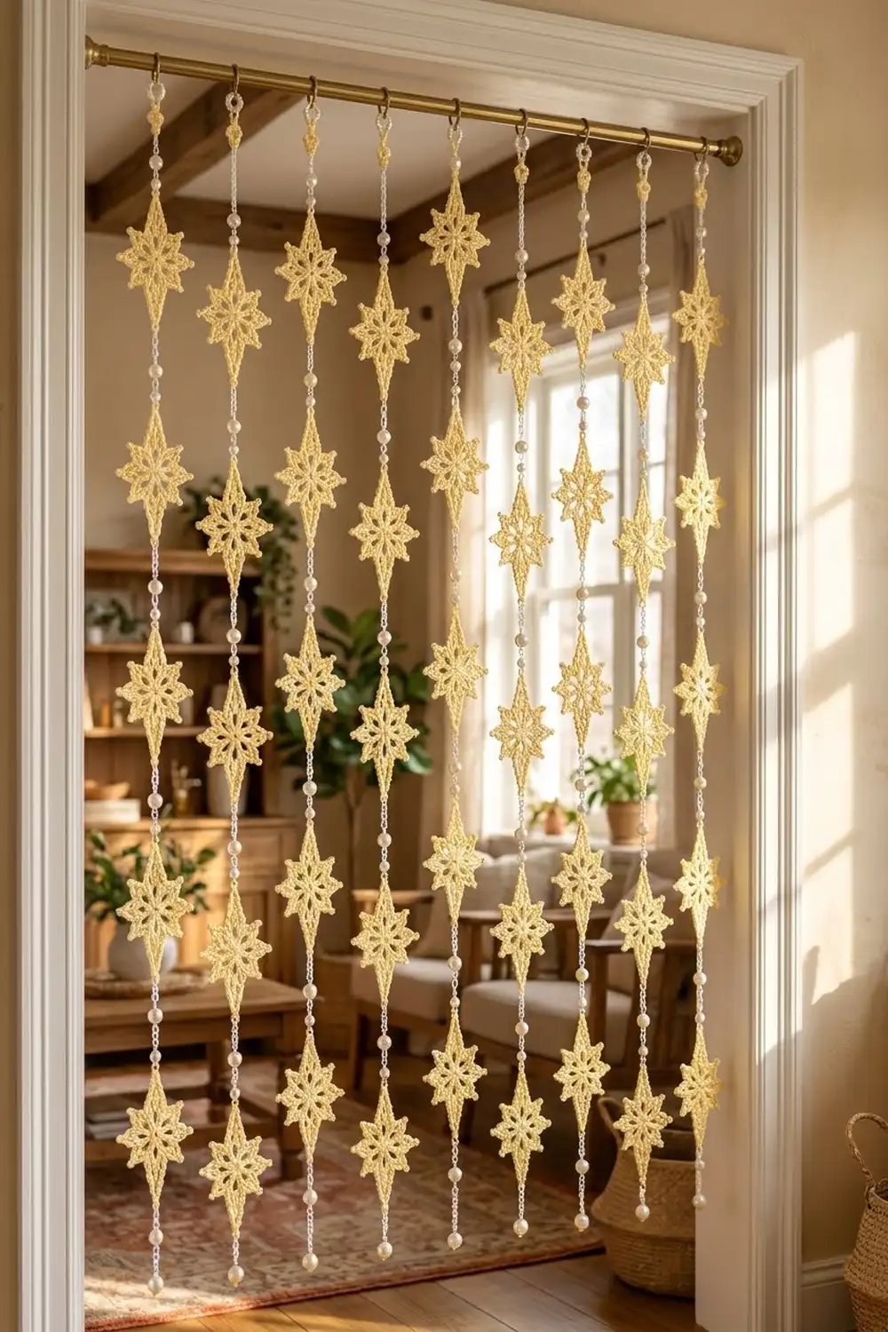 Golden star ornaments with pearl beads hang from a brass rod in a doorway, creating elegant holiday decor.
