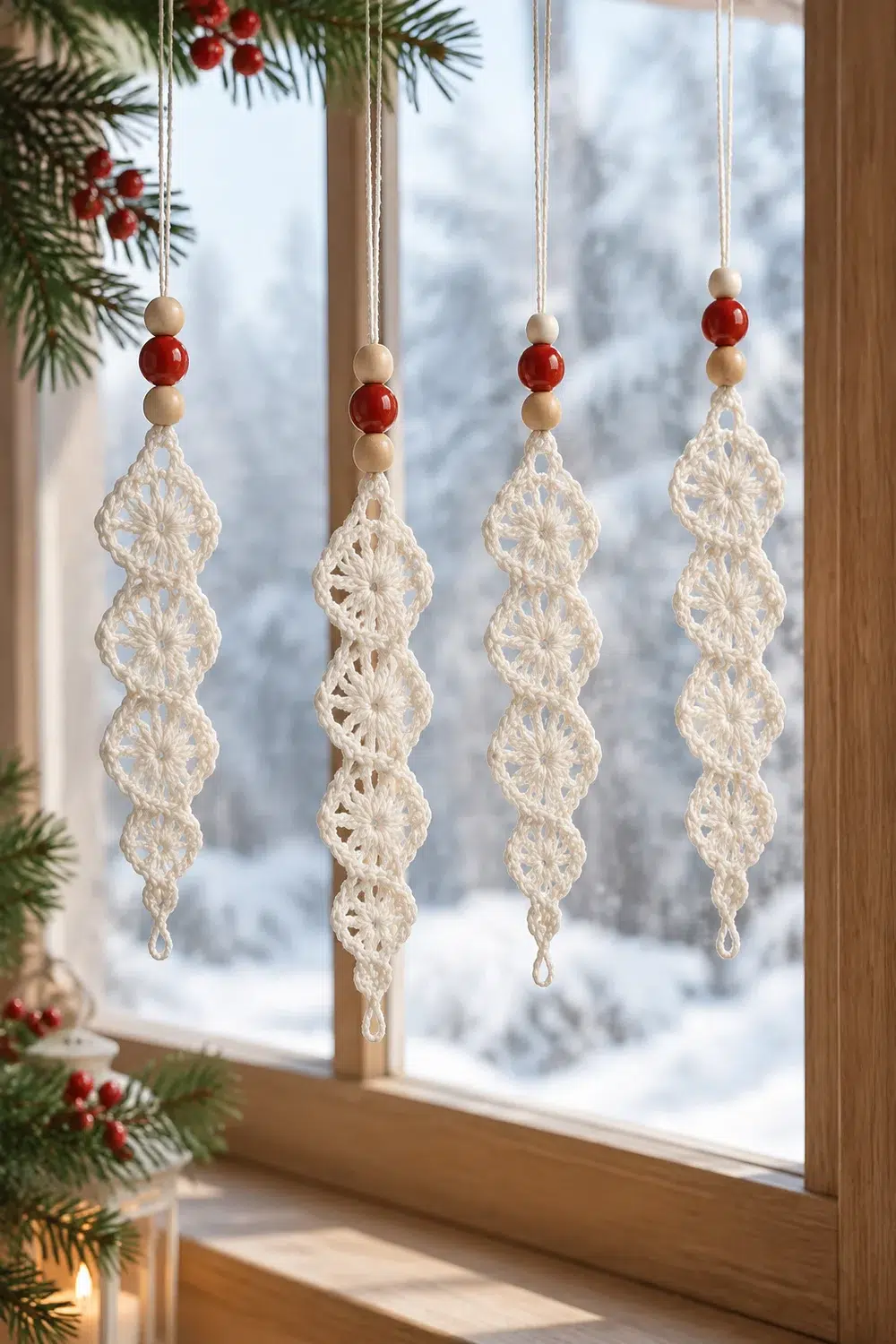 Four crocheted cream ornaments with red and natural wood beads hang in a snowy winter window.