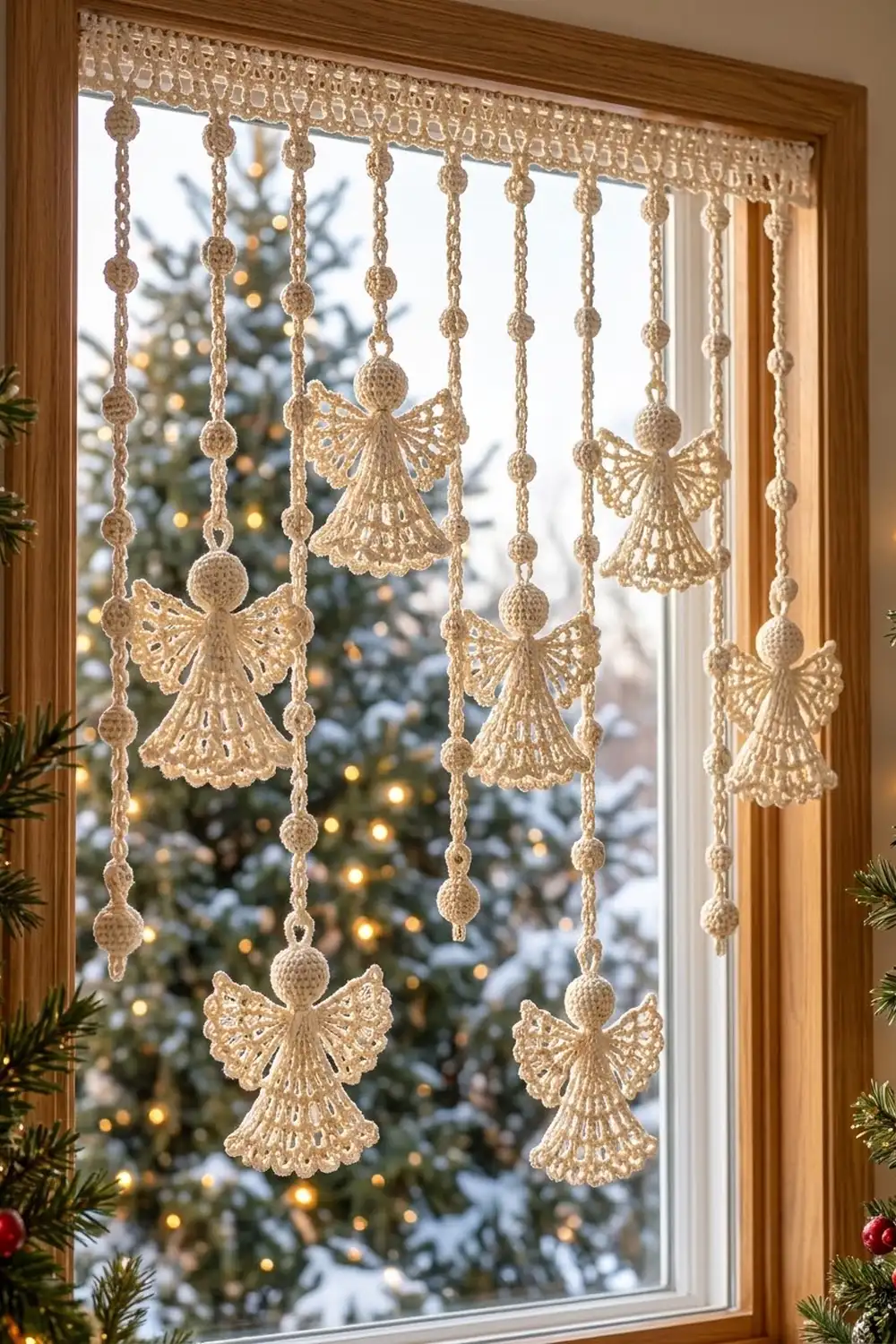 Delicate crocheted lace angel ornaments hang from beaded chains in a window overlooking a lit Christmas tree.