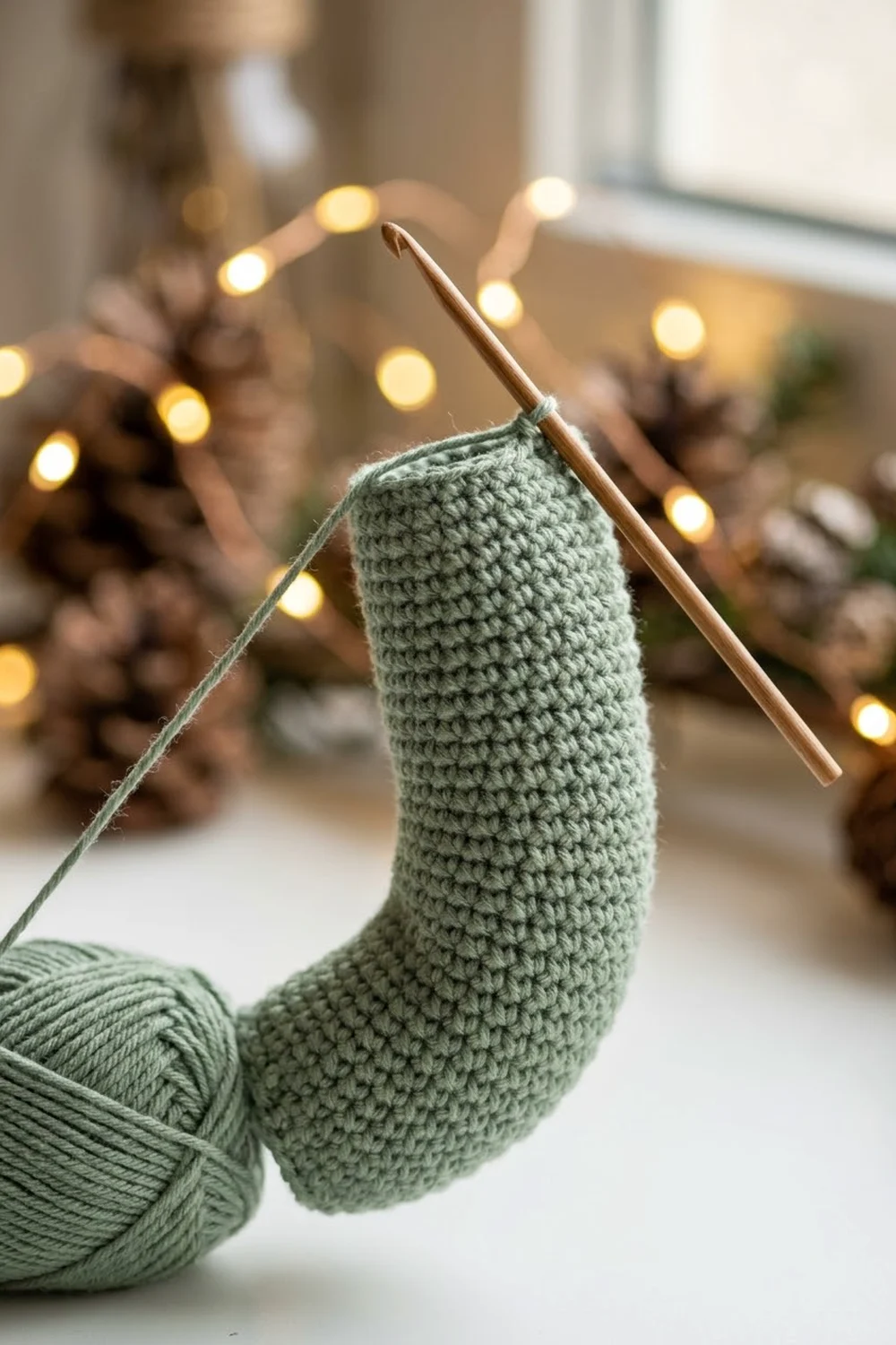 A sage green crocheted stocking is held on wooden needles with warm fairy lights and pinecones blurred in the background.