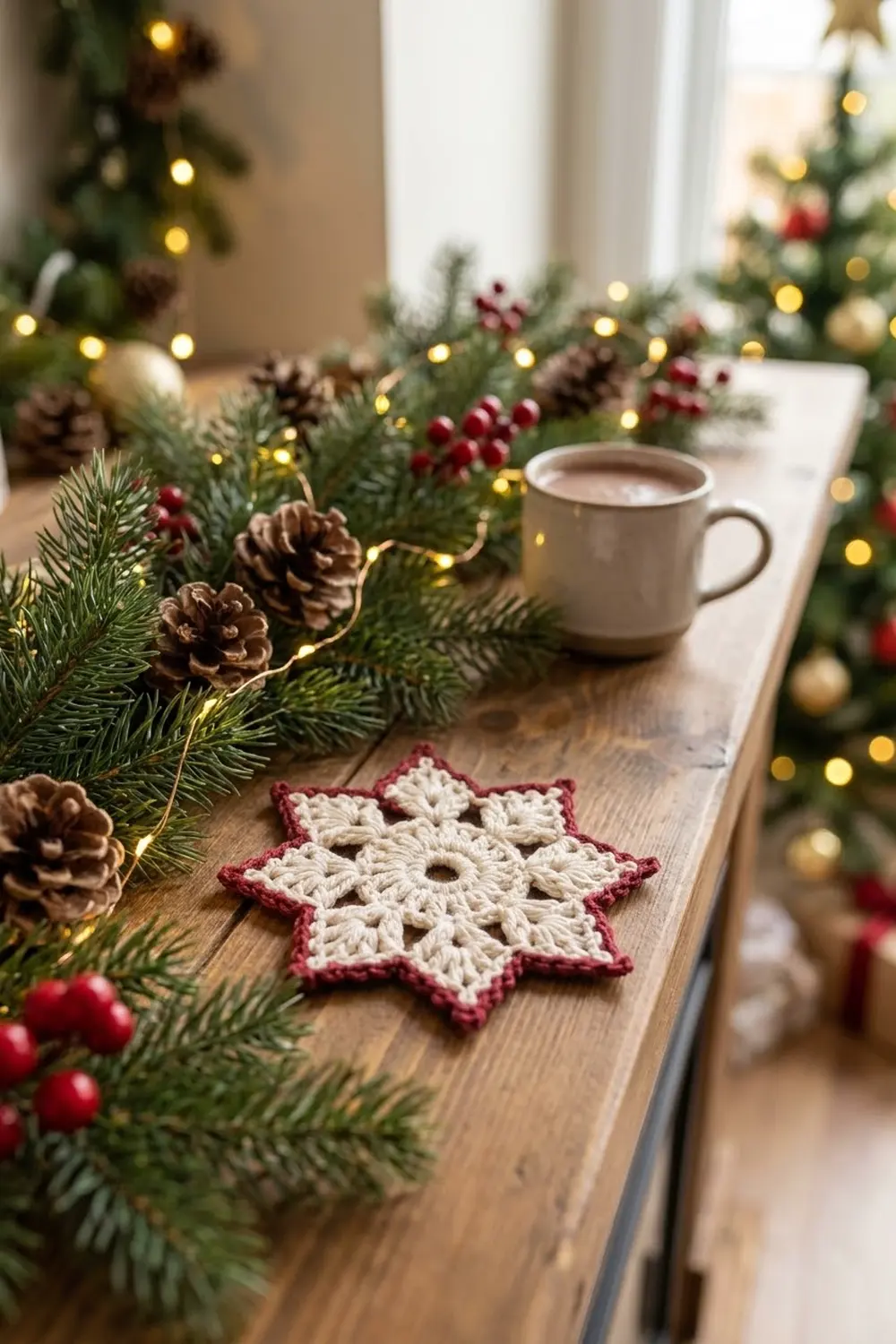 A crocheted red and cream snowflake ornament displayed on a wooden table among evergreen garland, pinecones, and a warm beverage.