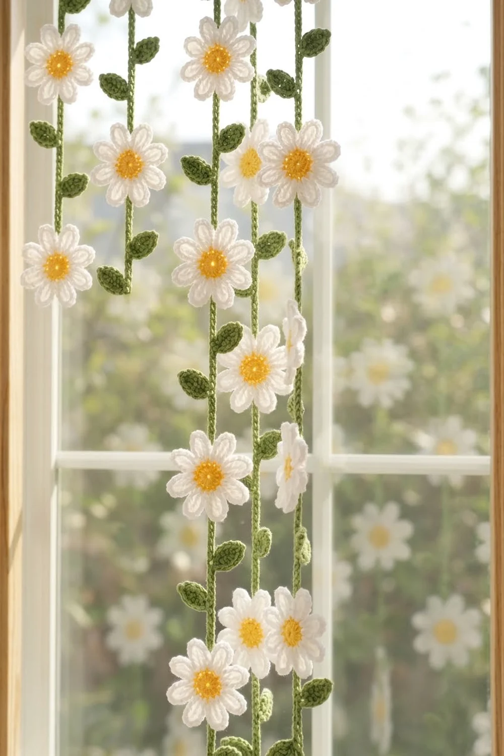 Crocheted daisy garland with white petals and yellow centers hanging in a bright window.