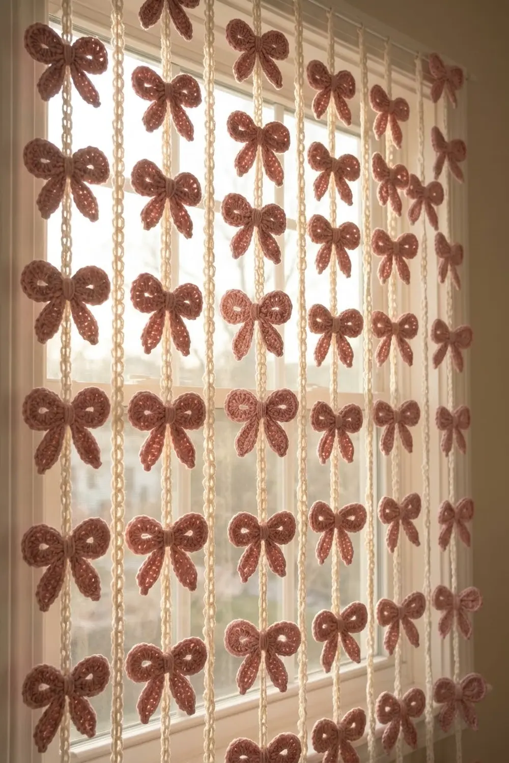 Crocheted red bow garland hanging in front of a window with cream-colored chains and shutters.