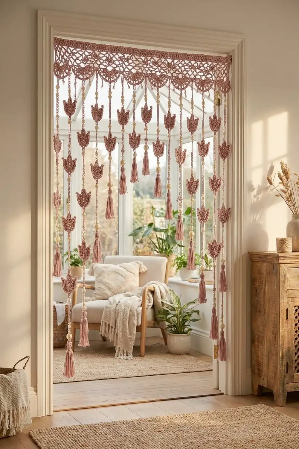 A rust-colored macramé door curtain with tassels and beads hangs in a doorway leading to a sunlit room with a cream armchair.