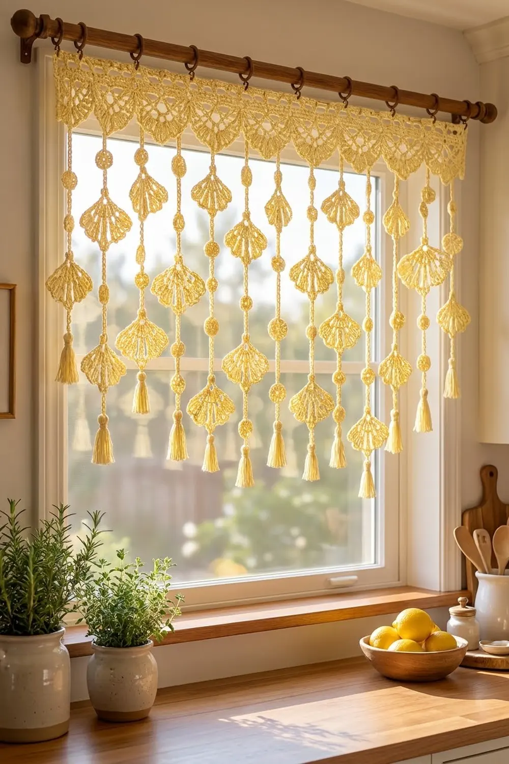 Golden crocheted shell-patterned curtain with tassels hanging in a bright kitchen window above potted herbs.