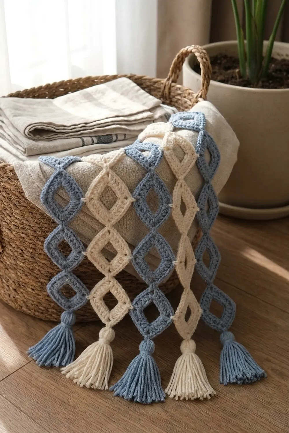 A crocheted blanket with blue and cream diamond pattern and tassel trim draped over a woven basket with linens.