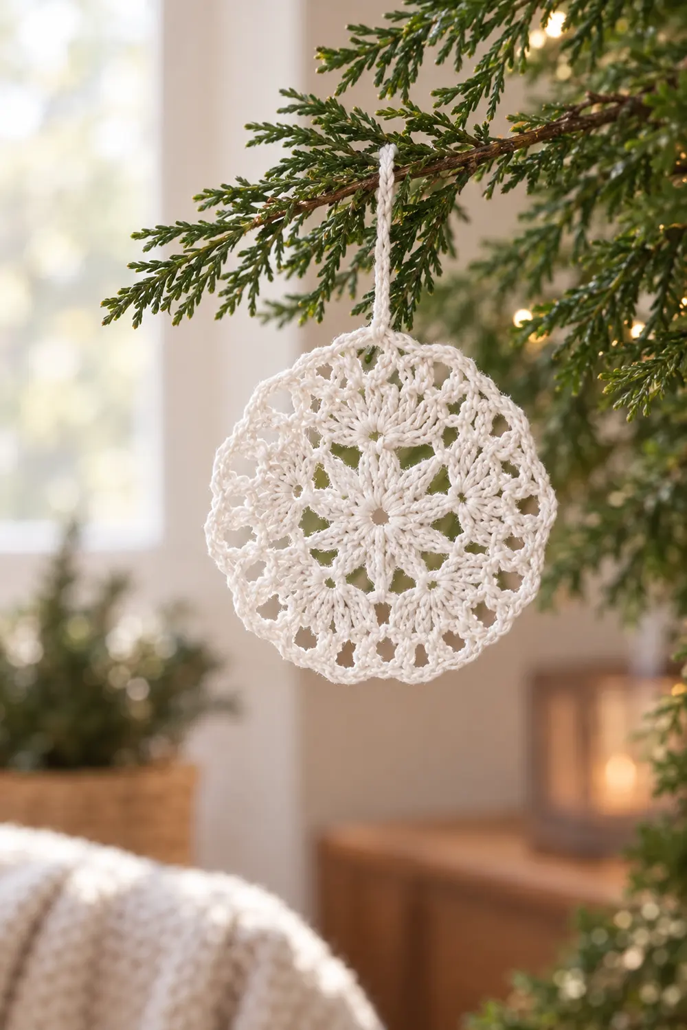 A white crocheted snowflake ornament hangs from an evergreen branch in a cozy holiday-decorated interior.