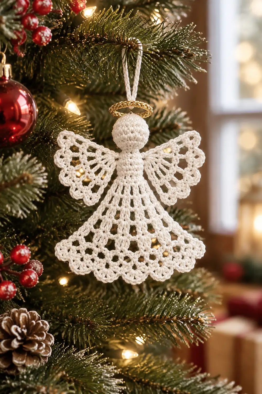 A delicate crocheted white lace angel ornament with a gold halo hangs from a ribbon on a decorated Christmas tree.
