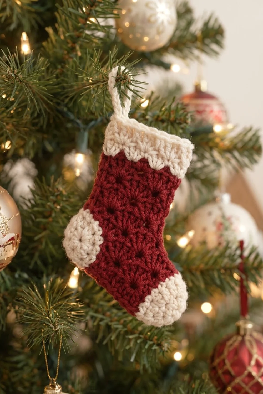 A small crocheted red and cream stocking ornament hangs from an evergreen branch among twinkling lights.
