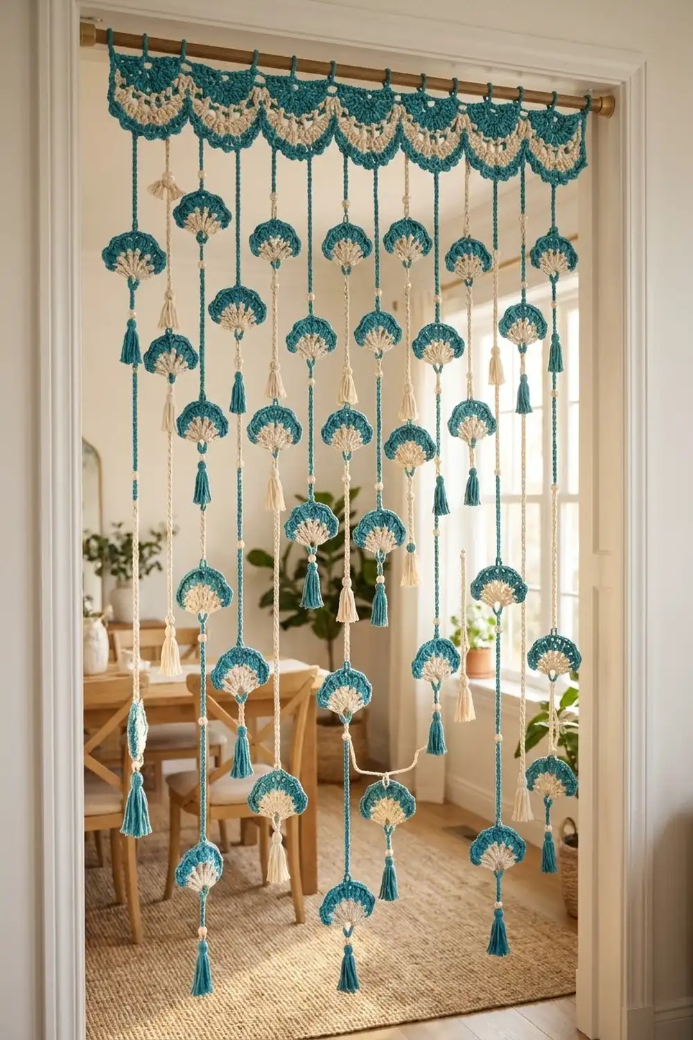 A teal and cream crocheted macramé door curtain with hanging fan-shaped ornaments and tassels dividing a doorway.