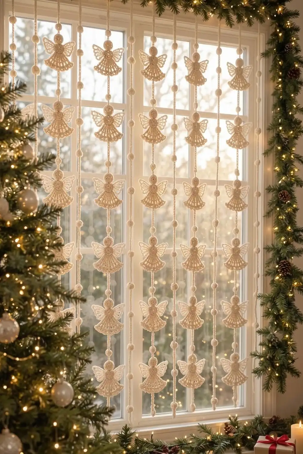 Beige crocheted angel ornaments hang from strings across a window, flanked by lit Christmas trees and garland.