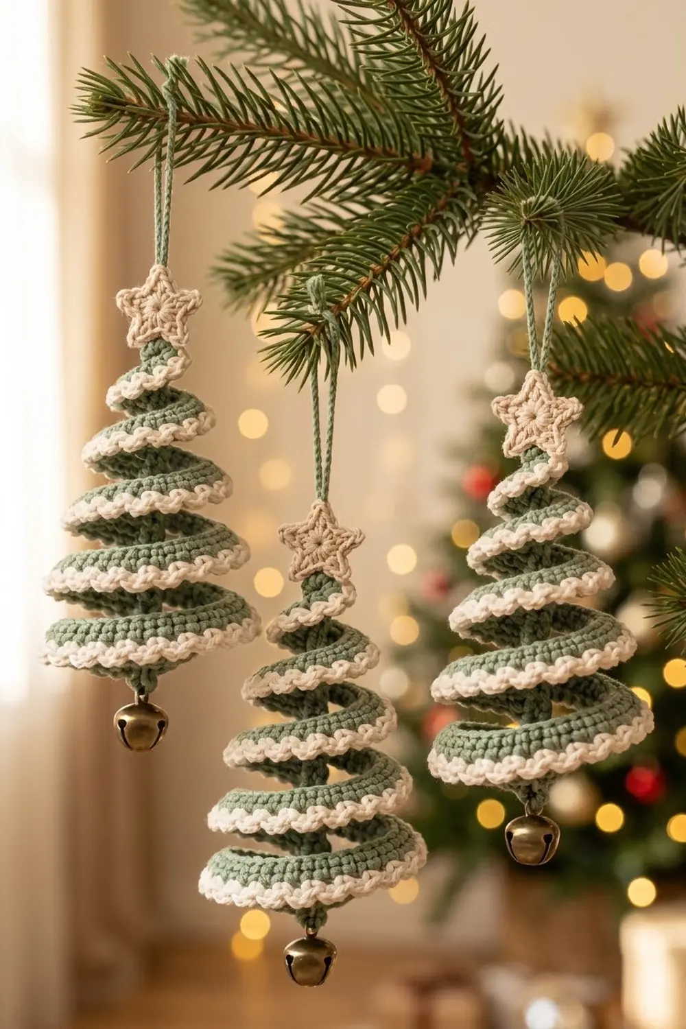 Crocheted green and cream Christmas tree ornaments with bells hang from evergreen branches in festive decor.