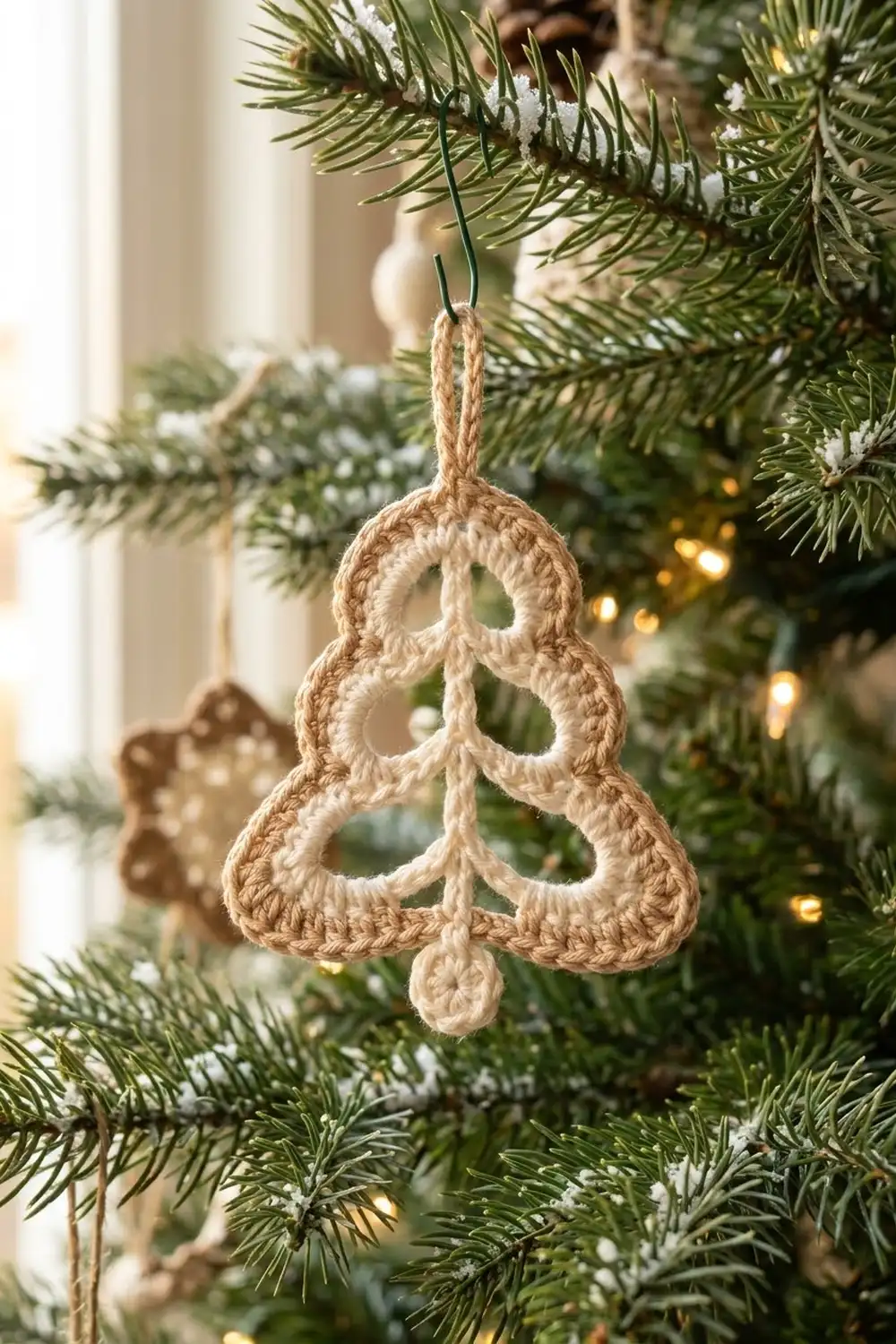 A crocheted jute Christmas tree ornament hangs from evergreen branches decorated with snow and warm lights.
