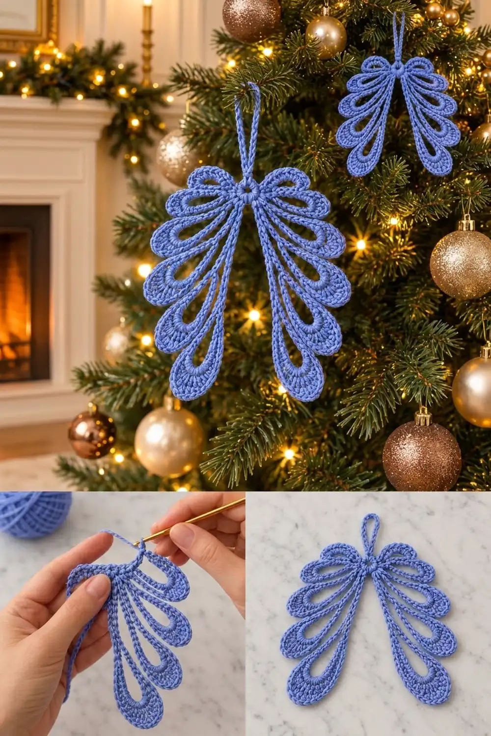 Blue crocheted bow ornaments hanging on a decorated Christmas tree with gold lights and metallic baubles.