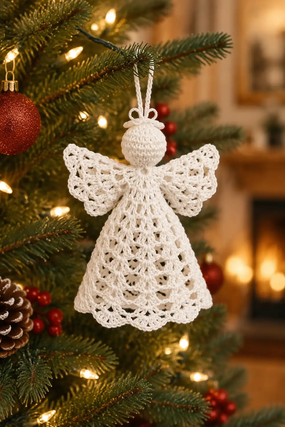 A white crocheted angel ornament with wings hangs on a decorated Christmas tree with lights and red baubles.