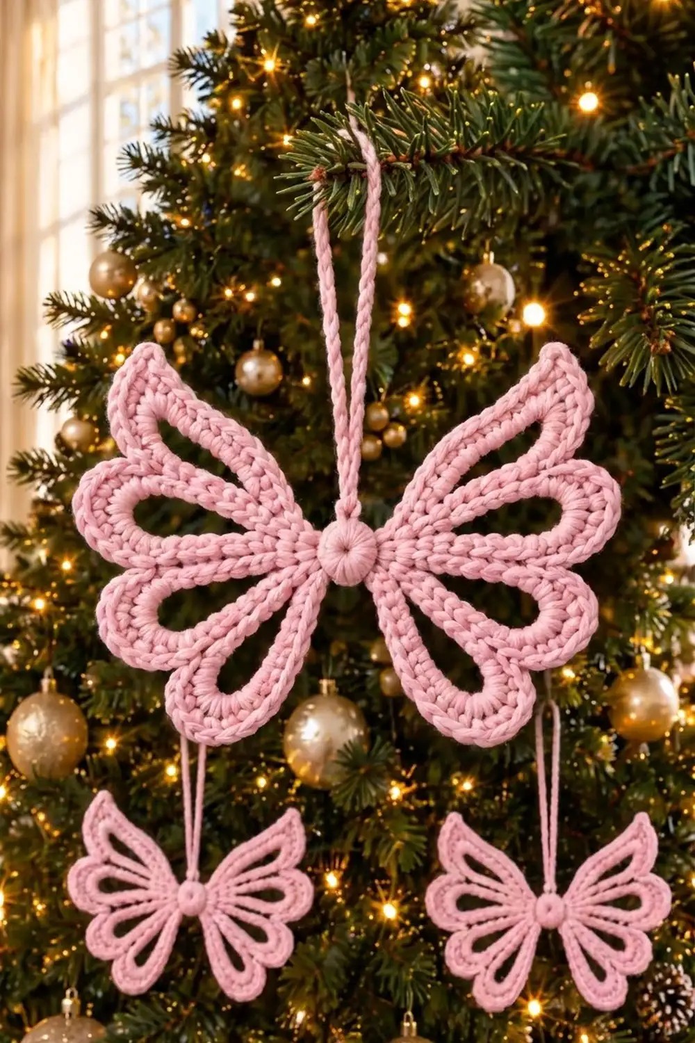 Pink crocheted bow ornaments hanging on a decorated Christmas tree with gold lights and baubles.
