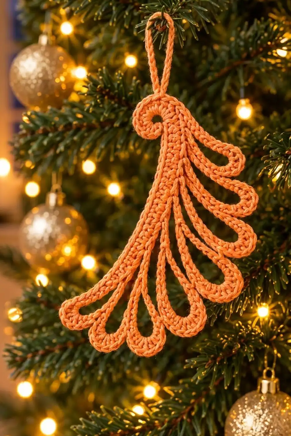 A crocheted orange tree-shaped ornament hanging from evergreen branches with warm golden lights and gold baubles.
