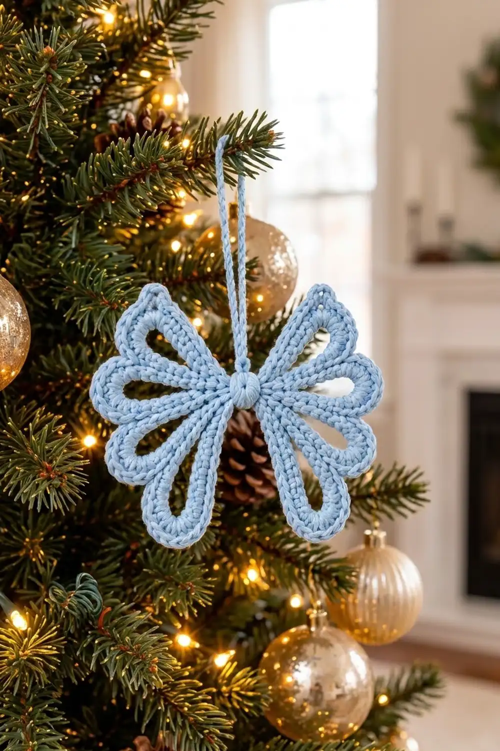 A light blue crocheted bow ornament hangs on a Christmas tree with gold baubles and warm lights.
