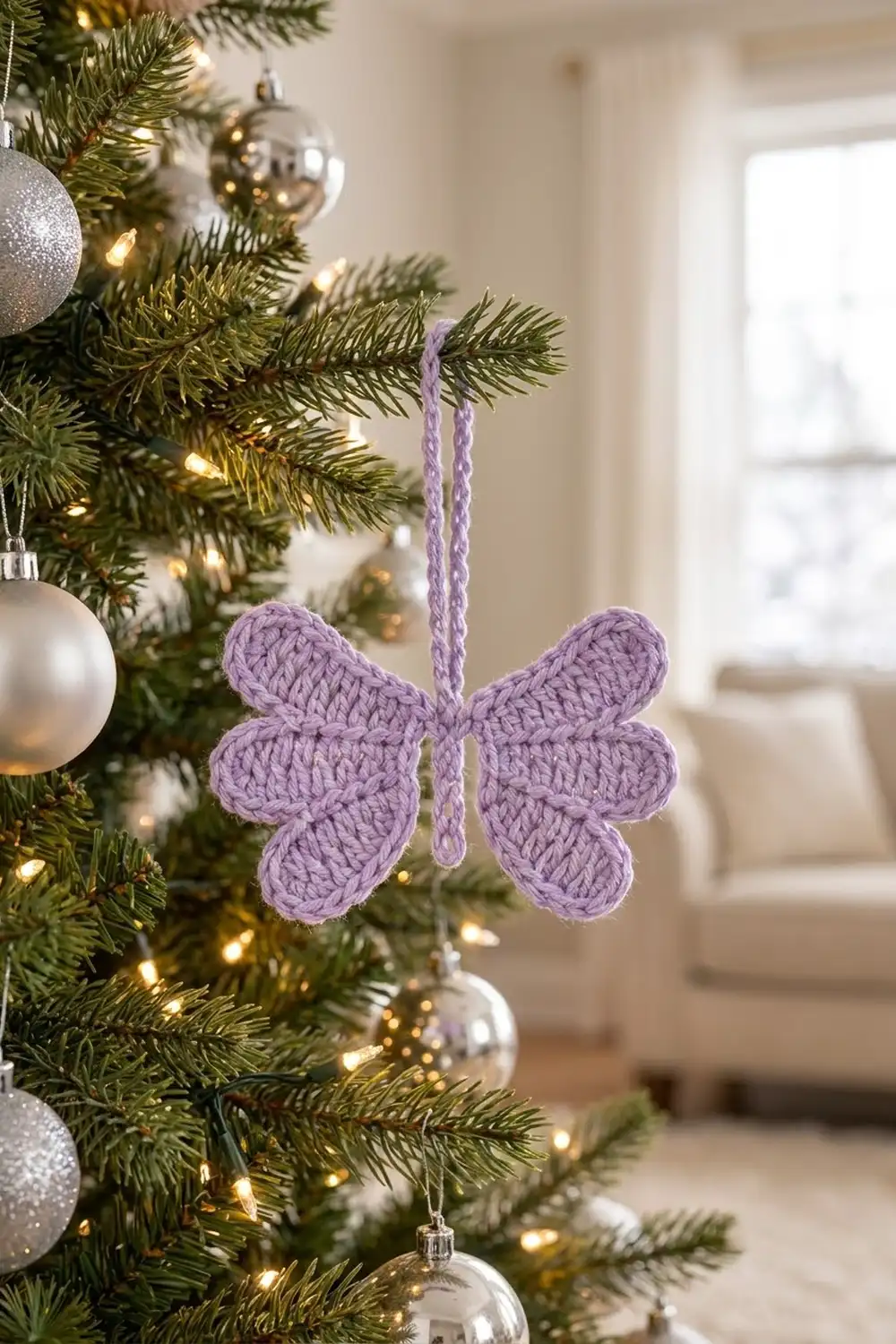 A lavender crocheted butterfly ornament hangs on a Christmas tree with white baubles and warm lights.