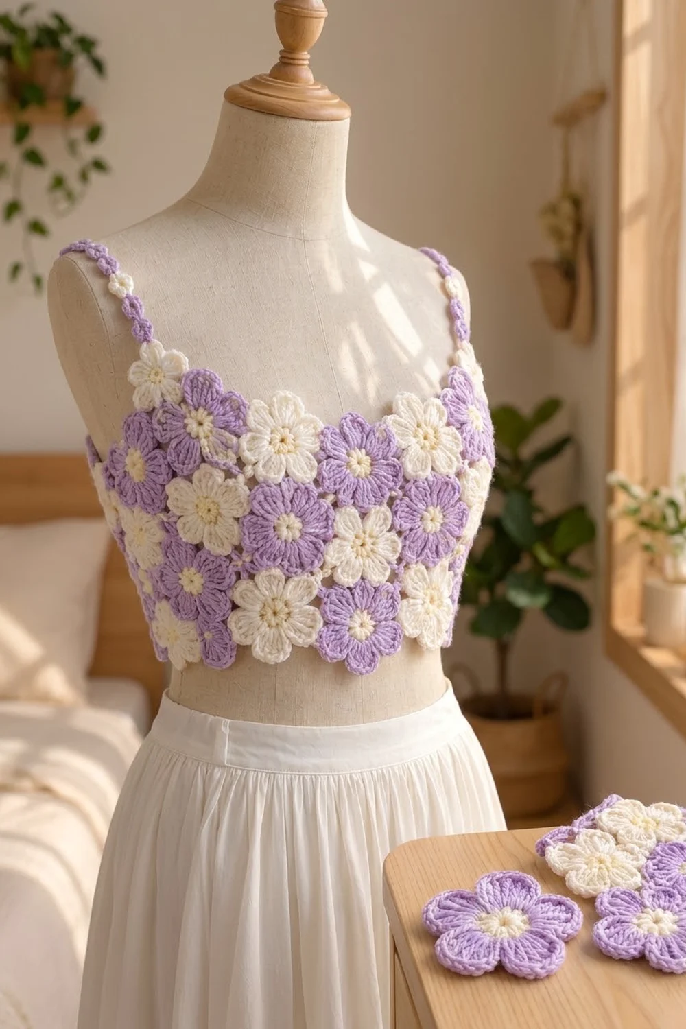 A crochet crop top with purple and cream flowers displayed on a dress form with a white skirt in a sunlit room.