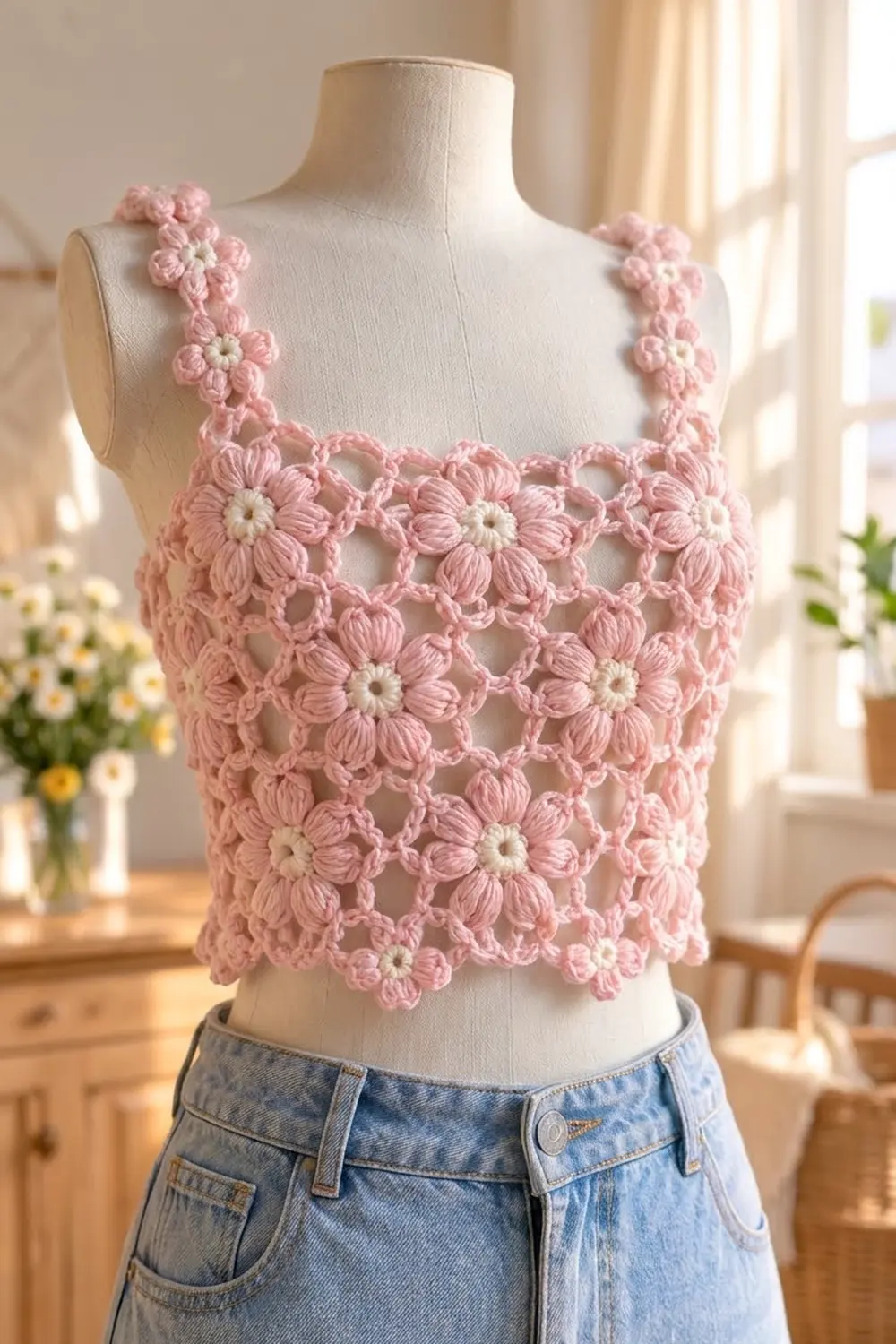 A pink crocheted floral crop top with white centers displayed on a mannequin paired with blue denim jeans.